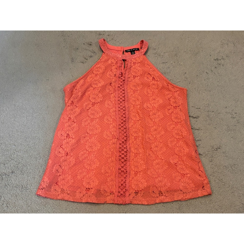 Cable & Gauge Coral Pink Floral Lace Halter Top Crochet Trim Keyhole Back Large